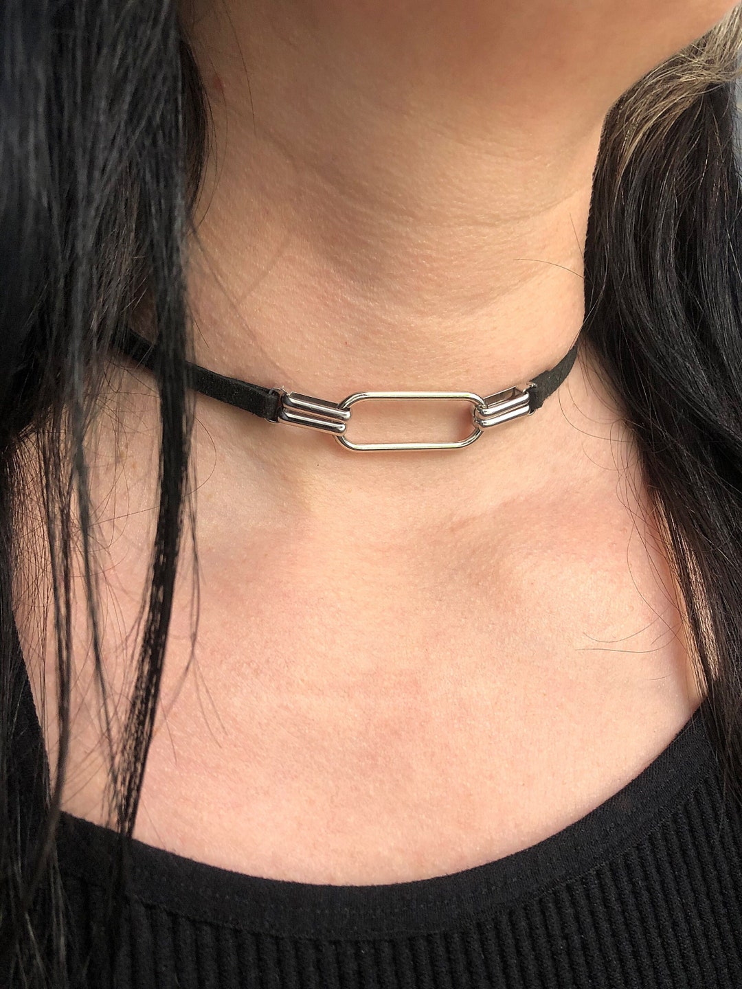 Oval Ring Vegan Choker, Gothic Black & Silver Choker, Streetwear Faux