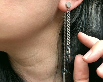 Front back chain earrings, asymmetric earring, Stainless steel drop earring, long double chain earrings, VERSATILE BO6