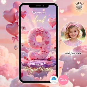 May include: A pink digital birthday invitation design with a large number 9 decorated with hearts and bows. The text "We are on cloud 9" and "Join us for a Magical Birthday" is displayed. A photo frame is available to add a photo.