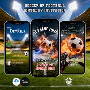 Pode incluir: Convite de aniversário com tema de futebol exibido em três smartphones. Os convites incluem detalhes, uma bola de futebol em chamas e o texto "It's Game Time!" e "Join us to celebrate Jayden's 10th Birthday Party."
