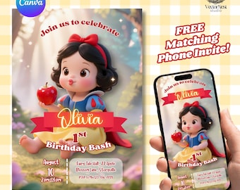 May include: A birthday invitation with a cartoon illustration of a Snow White-like character holding a red apple. The invitation includes the text "Join us to celebrate Olivia's 1st Birthday Bash" and event details.