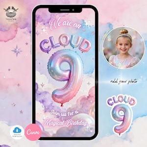 Puede incluir: Una invitación digital de cumpleaños con un tema de nube. La pantalla del smartphone muestra un globo con el número 9, la palabra "CLOUD" y el texto "Join us for a Magical Birthday". Se incluye un marco de fotos. El fondo es un cielo pastel.