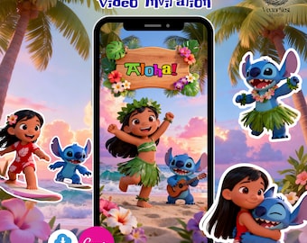 May include: A digital video invitation featuring characters from Lilo & Stitch. The design includes the text "Lilo & Stitch Video Invitation" and "Aloha!" on a wooden sign. The background shows a beach scene with palm trees and flowers.