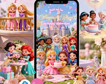 Lilla prinsessans födelsedagsinbjudan, magisk sagofest, animerad video, digital mall, direkt nedladdning