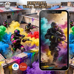 Può includere: Un invito digitale per un video di paintball. L'immagine presenta giocatori con equipaggiamento protettivo, che tengono pistole di paintball, in mezzo a fumo colorato. Le parole "Paintball Video Invitation" sono in alto. I loghi Canva e Instant Download sono in basso.