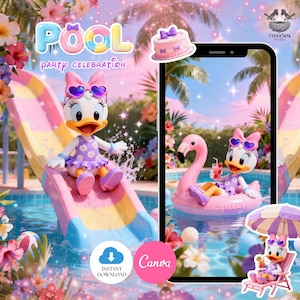 Puede incluir: Un gráfico digital que muestra a Daisy Duck con un traje de baño floral morado y gafas de sol en forma de corazón en una fiesta en la piscina. La imagen incluye un tobogán, un flotador de flamenco, una tumbona con sombrilla y el texto POOL PARTY CELEBRATION.