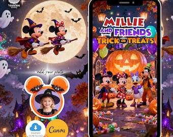 May include: A digital Halloween-themed invitation template featuring Mickey and Minnie Mouse flying on broomsticks against a full moon, with a smartphone display showing the text Millie and Friends Trick or Treats and cartoon characters.