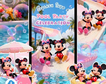 Może przedstawiać: Cyfrowa ilustracja z Myszka Miki i Myszka Minnie na przyjęciu przy basenie. Widoczny jest tekst "Splash into a Pool Party Celebration". Myszka Miki i Myszka Minnie są na zjeżdżalni wodnej, relaksują się przy basenie i w kole.