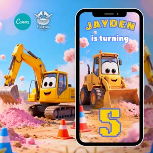 Op de afbeelding: Een levendige illustratie met een gele cartoon graafmachine en een voorlader. De graafmachine graaft in een hoop roze materiaal. Een smartphone toont de tekst "JAYDEN is turning" en het nummer "5". De achtergrond is een helderblauwe lucht.