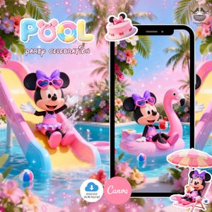 Può includere: Un'illustrazione vivace di Minnie Mouse a una festa in piscina. Minnie è raffigurata su uno scivolo d'acqua e su un galleggiante a forma di fenicottero rosa. L'immagine include le parole "POOL PARTY CELEBRATION" e una torta rosa.