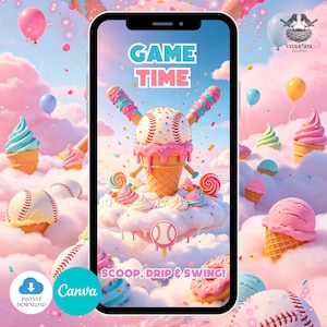 Convite de aniversário em vídeo com tema de beisebol e sorvete, modelo digital editável para Canva, download instantâneo.