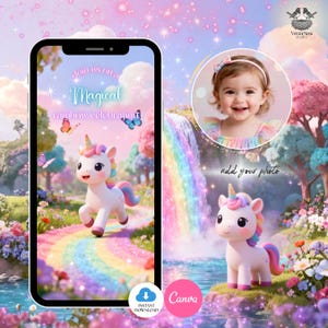 以下が含まれることがあります： ユニコーン、虹、そして「Join us on a Magical rainbow celebration」のテキストが特徴のデジタル招待状デザイン。 写真を追加するスペースがあり、すぐにダウンロードできます。