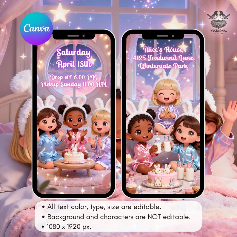 May include: Two smartphone screens displaying a children's pajama party invitation. The left screen shows a cake and three girls in pajamas. The right screen shows a girl holding a cookie and three girls with milk. Text includes date, time, and address.