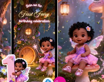 May include: A digital invitation for a first fairy birthday celebration. The design features a cartoon fairy with a flower in her hair, wearing a purple and pink dress, and sitting on a mushroom. The invitation includes the text "Join us for First Fairy birthday celebration."