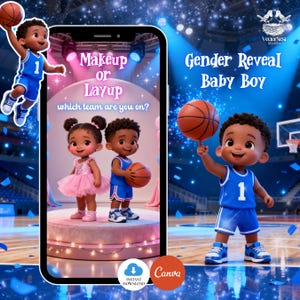 Makeup or Layup Gender Reveal BOY Video Announcement African American Basketball Digital Editable Template
