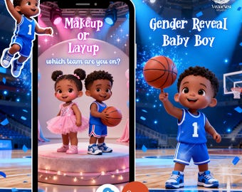 Makeup or Layup Gender Reveal BOY Video Announcement African American Basketball Digital Editable Template