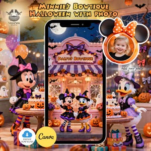 Halloween Minnie Bowtique födelsedagsvideoinbjudan med fotoram digital redigerbar mall, direkt nedladdning