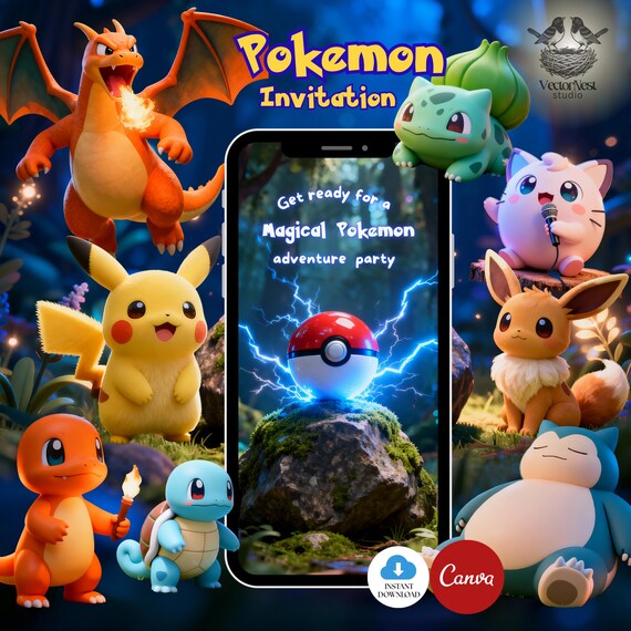 Pokemon Pikachu Birthday Video Invitation Magical Enchanted Forest Party Animated Digital Canva Template