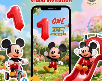 May include: A digital invitation for a Mickey Mouse themed first birthday. The design features Mickey Mouse illustrations, a red number one balloon, and the text "Mickey 1st Birthday Video Invitation". The invitation is designed with Canva.