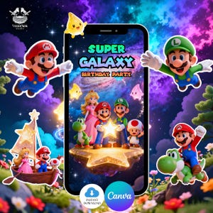 May include: A digital illustration featuring characters from the Super Mario franchise. The image is a birthday party theme with the text "Super Galaxy Birthday Party". Mario, Luigi, Princess Peach, and Yoshi are depicted in a colorful, space-themed setting.