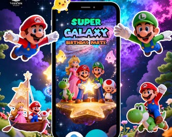 Mario Galaxy Birthday Video Invitation Outer Space Party Digital Editable Canva Template, Instant Download