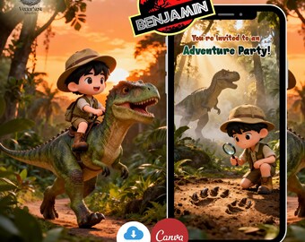 May include: A digital invitation with a dinosaur theme. The design features a cartoon boy riding a green dinosaur, and another boy examining dinosaur footprints. The text reads "You're Invited to an Adventure Party!" and "BENJAMIN".
