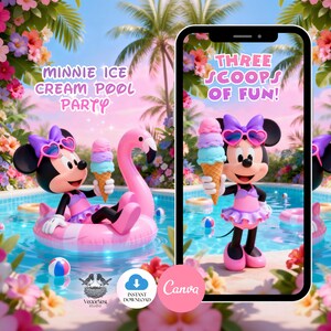 May include: A colourful digital illustration of Minnie Mouse at a pool party. Minnie holds an ice cream cone with pink, purple, and blue scoops. The image includes a pink flamingo float, the text "MINNIE ICE CREAM POOL PARTY", and "THREE SCOOPS OF FUN!"