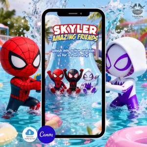 May include: A digital invitation for a pool party featuring Spider-Man and Spider-Gwen characters. The invitation on a smartphone screen reads "Skyler and his Amazing Friends" with the text "Splash into action and join us for a Pool Party!" The image includes water splashes and pool toys.