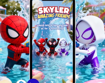 May include: A digital invitation for a pool party featuring Spider-Man and Spider-Gwen characters. The smartphone screen displays "Skyler and his Amazing Friends" with the text "Splash into action and join us for a Pool Party!" The image includes water splashes and pool toys.