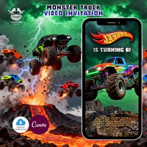May include: A digital invitation for a monster truck-themed birthday party. The design features several colorful monster trucks jumping over a volcano, with lightning in the background. The invitation includes the text "Monster Truck Video Invitation" and "Jayden is turning 6!"