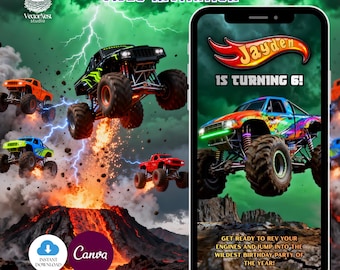 May include: A digital invitation for a monster truck-themed birthday party. The design features several colourful monster trucks jumping over a volcano, with lightning in the background. The invitation includes the text "Monster Truck Video Invitation" and "Jayden is turning 6!"