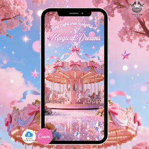 May include: A digital illustration of a pink carousel with white horses, bows, and lights, set against a dreamy sky with stars and cherry blossoms. The text "Step right into a world of Magical Dreams" is displayed on the screen. The image is available for instant download.
