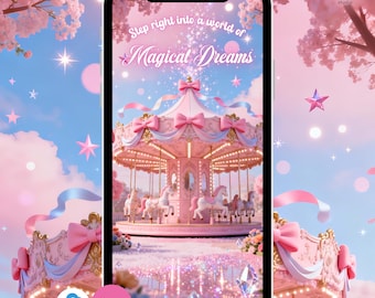 May include: A digital illustration of a pink carousel with white horses, bows, and lights, set against a dreamy sky with stars and cherry blossoms. The text "Step right into a world of Magical Dreams" is displayed on the screen. The image is available for instant download.