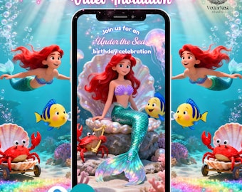 May include: A digital mermaid video invitation displayed on a smartphone. The design features a mermaid with red hair, a purple top, and a teal tail, surrounded by sea creatures. Text reads "Mermaid Video Invitation" and "Under the Sea birthday celebration."