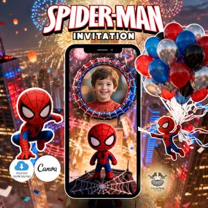 Puede incluir: Una plantilla de invitación digital de Spider-Man con un marco de smartphone, un espacio circular para fotos, un personaje de Spider-Man y un racimo de globos rojos, azules, plateados y negros sobre un fondo de ciudad con fuegos artificiales.