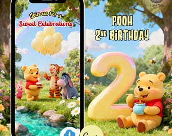 May include: A digital invitation for a second birthday celebration featuring Winnie the Pooh and friends. The design includes a large number 2, Pooh Bear, and the text "POOH 2nd BIRTHDAY". The invitation also includes the text "Join us for a Sweet Celebrations".