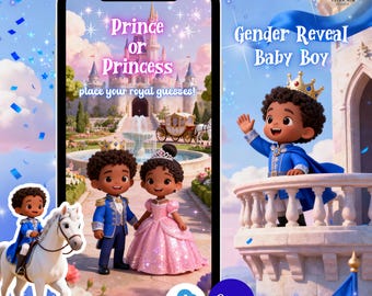 Puede incluir: Anuncio digital de revelación de género con un príncipe y una princesa de dibujos animados frente a un castillo. El texto dice "Prince or Princess" y "Gender Reveal Baby Boy". La imagen incluye un logotipo de Canva y un icono de descarga instantánea.
