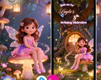Fairy videoverjaardagsuitnodiging brunette meisje magisch bos digitale canvassjabloon, direct downloaden