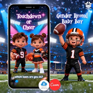 Puede incluir: Ilustración digital para una fiesta de revelación de género. La imagen presenta a tres niños de dibujos animados con uniformes de fútbol americano. El texto incluye "Touchdown or Cheer", "Gender Reveal Baby Boy", y "Which team are you on?" El logo de Canva también es visible.