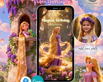 May include: A digital invitation featuring Rapunzel from the animated film. The design includes Rapunzel illustrations, a castle, and the text "Rapunzel Video Invitation." The invitation is for a "Magical Birthday celebration" and includes a space to add a photo.