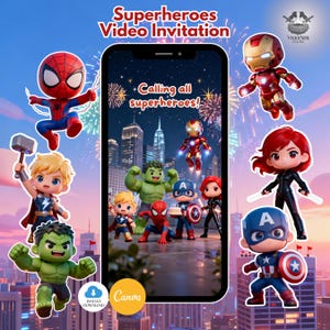 Könnte beinhalten: Eine digitale Videoeinladung mit Superhelden-Charakteren wie Spider-Man, Captain America und Iron Man. Der Text "Superhelden Video Einladung" und "Ruft alle Superhelden!" sind zu sehen. Der Hintergrund zeigt eine Stadtlandschaft mit Feuerwerk.