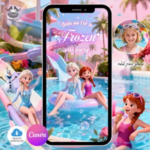 May include: A digital invitation for a Frozen-themed pool party. The design features Elsa and Anna in swimsuits, a water slide, and the text "Join us for a Frozen pool party!". Includes a space to add a photo. Instant download.