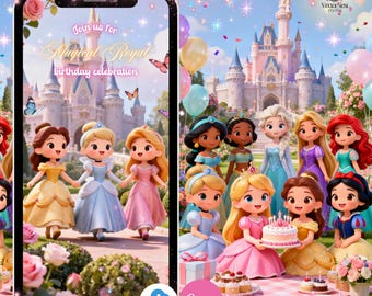 Inbjudan till magisk kunglig fest med alla prinsessor, animerad video, digital mall, direktnedladdning