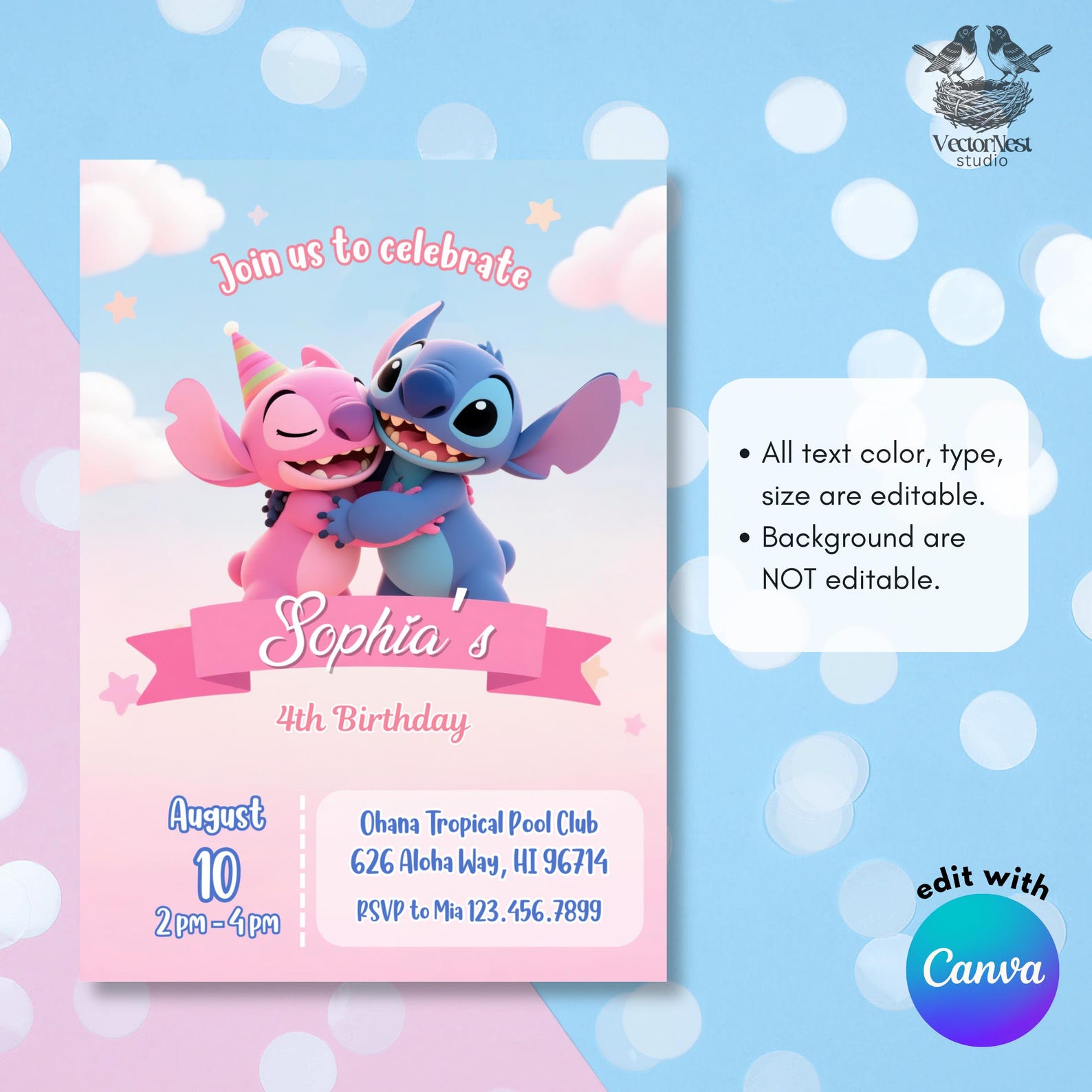 Hug Invitation Stitch Birthday Invitation: Couple Hug, Editable Canva Template ...