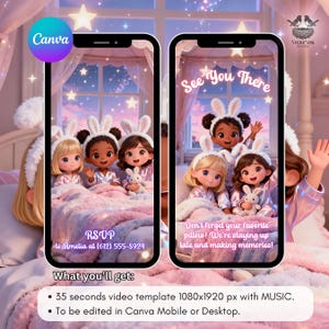 May include: Digital invitation template featuring three cartoon girls in bunny ear headbands and pajamas, holding stuffed animals. The invitation reads "See You There" and "RSVP to Amelia". The template includes a 35-second video with music, editable in Canva.