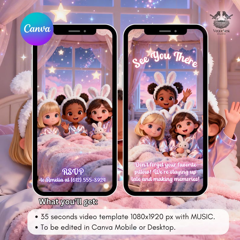 May include: Digital invitation template featuring three cartoon girls in bunny ear headbands and pajamas, holding stuffed animals. The invitation reads "See You There" and "RSVP to Amelia". The template includes a 35-second video with music, editable in Canva.