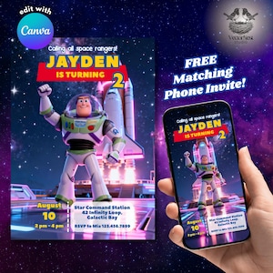 May include: A birthday invitation featuring Buzz Lightyear from Toy Story. The invitation includes the text "JAYDEN IS TURNING 2" and event details. A matching phone invite is also shown.