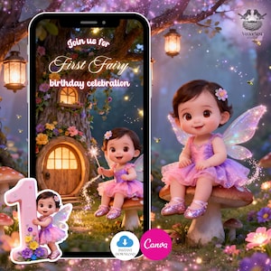 Könnte beinhalten: Digitale Illustration für eine erste Geburtstagsfeier. Das Bild zeigt ein Feen-Thema mit einem Feenmädchen, einem Pilz und dem Text "Join us for First Fairy birthday celebration". Die Farbpalette umfasst Rosa, Lila und Grün.
