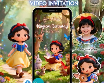 May include: A digital invitation with a Snow White theme. The design features Snow White illustrations, a photo frame, and the text "Join us for a Magical Birthday celebration". The invitation is set against a forest backdrop.