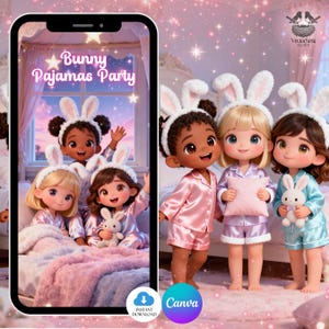 May include: Digital illustration of a "Bunny Pajamas Party" featuring four cartoon girls wearing bunny ear headbands and satin pajamas. One girl holds a stuffed bunny. The color palette includes pinks, blues, and whites.